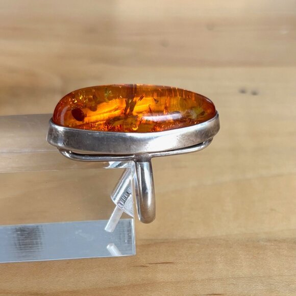 Large Amber & Sterling Silver Statement Ring Artisan Handmade Size 8 - Picture 14 of 16
